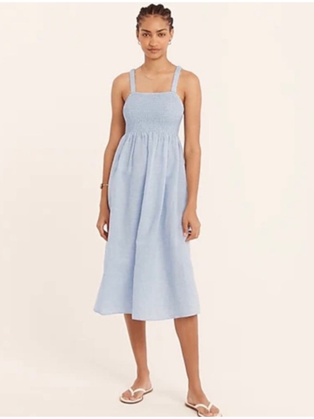 J. Crew Smocked Beach Midi Dress in Linen-Cotton Blend Blue L Large Coastal Prep - Picture 2 of 10
